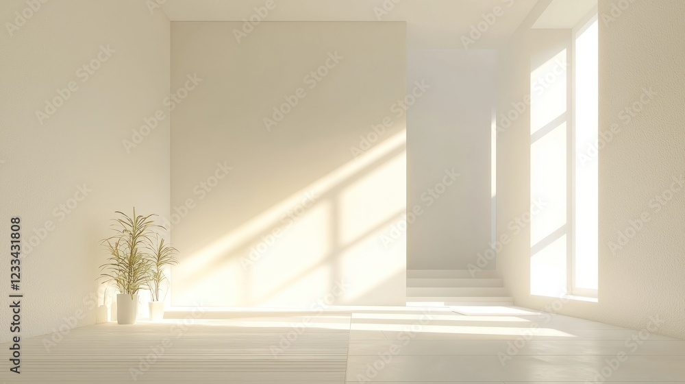 Fototapeta premium Minimalist room with sunlight and plants.