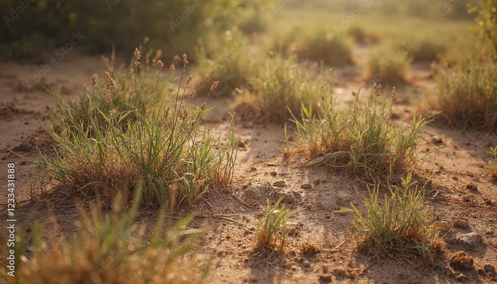 Dry grass growing on arid soil. Concept of drought, climate change, and desertification. Dry grass growing on arid soil. Concept of drought, climate change, and desertification.