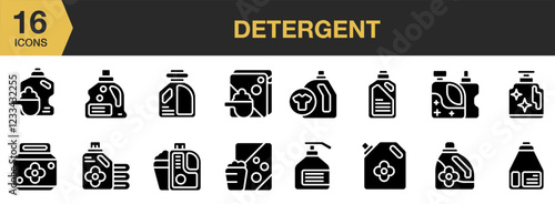 Detergent solid icon set. Includes detergent, laundry, clean, hygiene, and More. Solid icons vector collection.