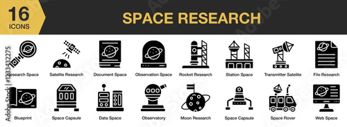 Space Research solid icon set. Includes space, research, technology, science, astronomy, and More. Solid icons vector collection.