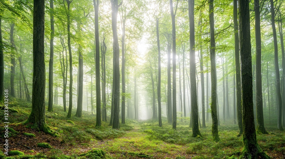 Sunbeams illuminate a misty green forest path. Sunbeams illuminate a misty green forest path.