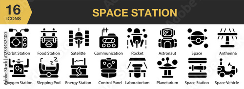 Space Station solid icon set. Includes space station icon, and More. Solid icons vector collection.