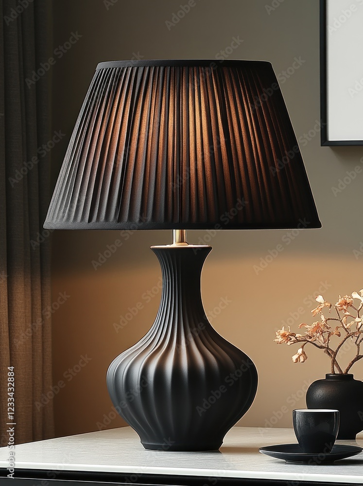 Elegant black table lamp with pleated shade. Elegant black table lamp with pleated shade.