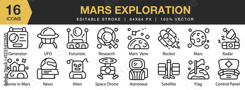 Mars Exploration icon set. Editable Stroke Icon Collection. Includes astronomy, space, planet, exploration, mars, and More. Outline icons vector collection.