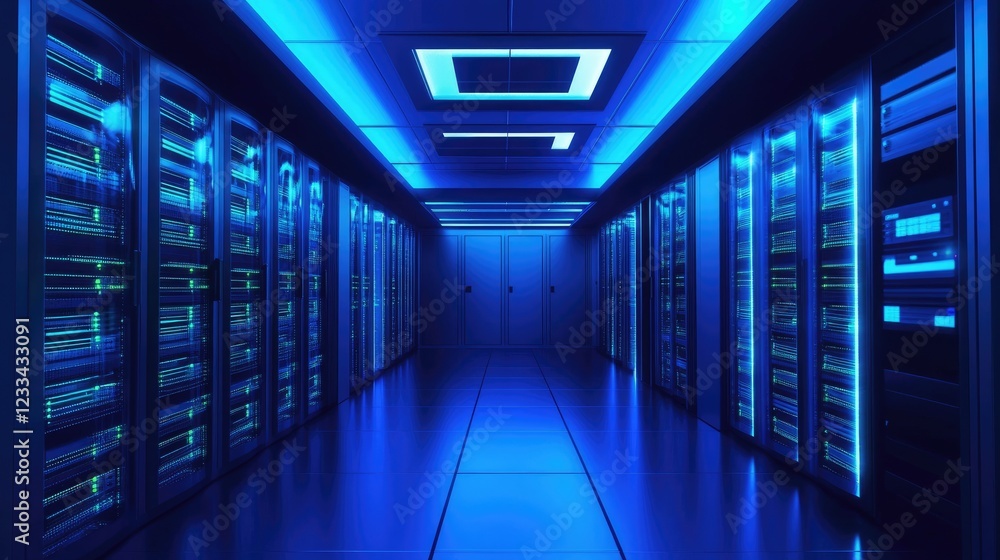 A sophisticated server room with blue-lit systems and sleek design, showcasing advanced data management and IT infrastructure. Ideal for technology and innovation themes A sophisticated server room with blue-lit systems and sleek design, showcasing advanced data management and IT infrastructure. Ideal for technology and innovation themes