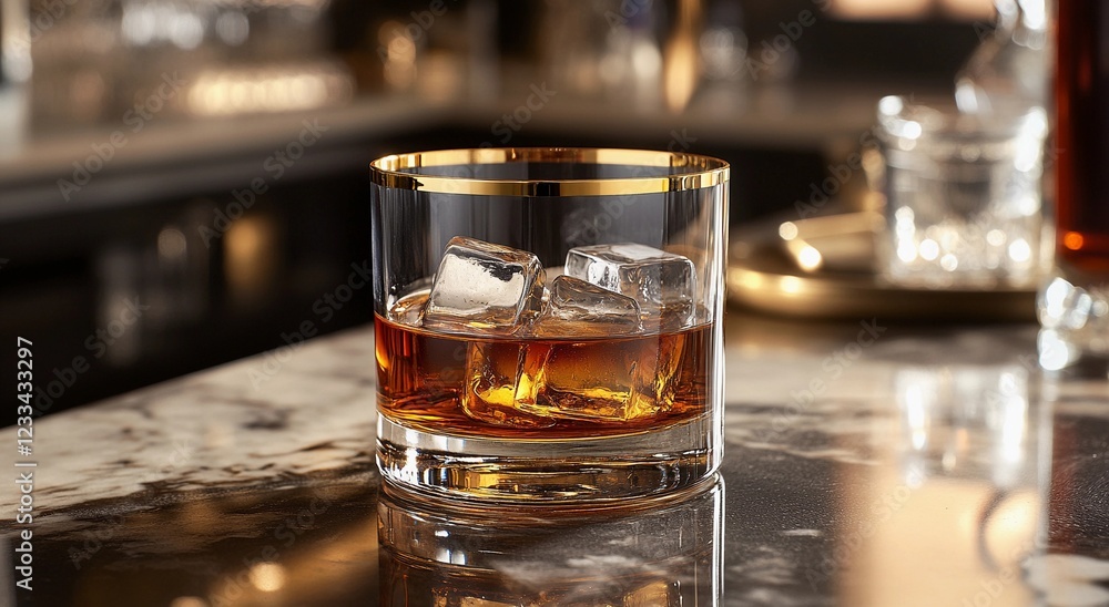 Premium whiskey served in a gold-rimmed glass with ice cubes on a luxurious marble bar, exuding elegance and sophistication Premium whiskey served in a gold-rimmed glass with ice cubes on a luxurious marble bar, exuding elegance and sophistication