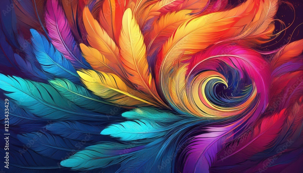 custom made wallpaper toronto digitalVivid Rainbow Feather Swirl Art created with Generative AI Technology an Abstract Exploration of Colors and Movement in a Dreamlike Environment