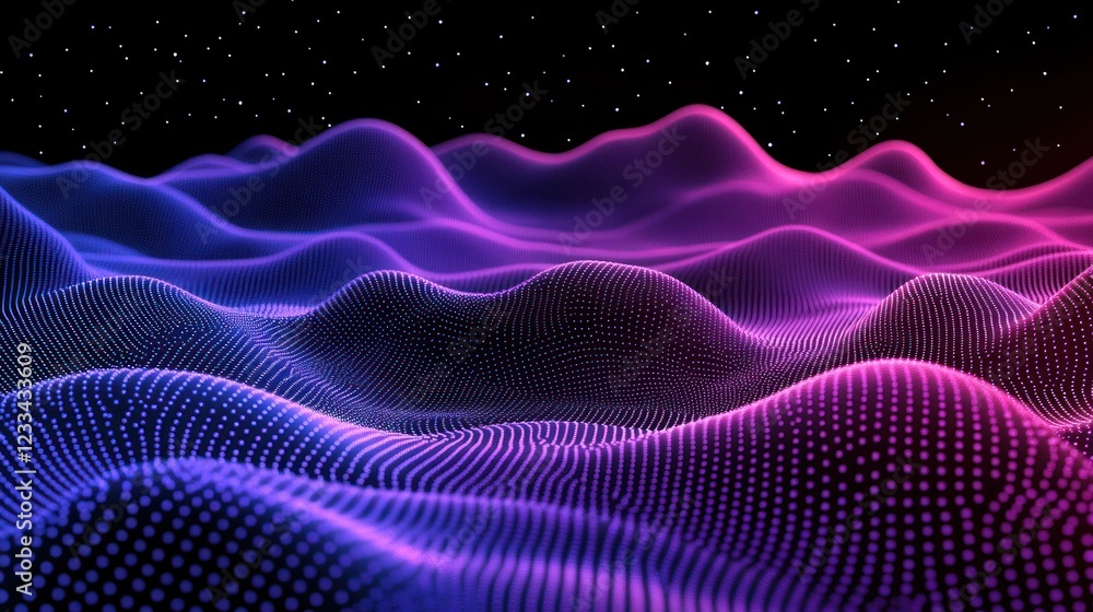 Neon waves, digital landscape, starry night, background, abstract Neon waves, digital landscape, starry night, background, abstract