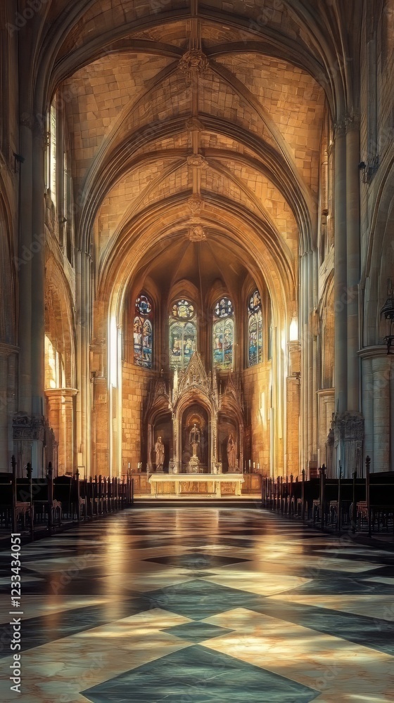 Fototapeta premium Sunlit church interior, serene and grand.