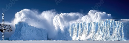 Massive blue glacier ice wall, towering ice formations, crevasses and fissures, sunlight reflecting off icy surface, dramatic arctic landscape, frozen tundra, climate change visualization, majestic fr photo