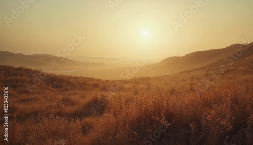 Golden sunrise over a misty valley. Concept of peace, tranquility, and new beginnings.