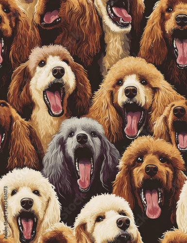 Lively and cheerful pattern featuring various dogs with open mouths, showcasing their playful expressions and fluffy fur. Perfect for dog lovers and pet themed designs photo