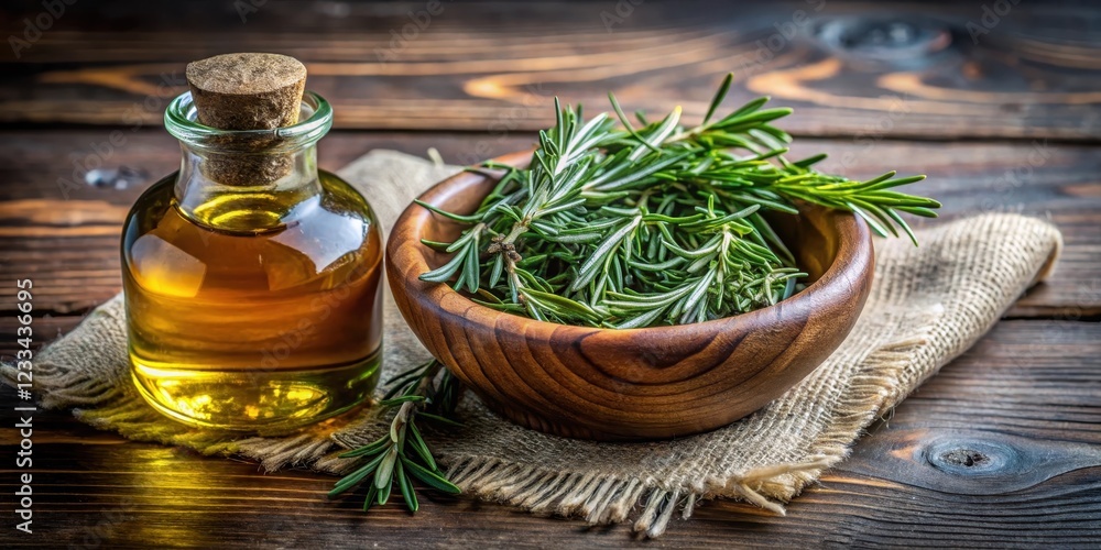 A fragrant sprig of rosemary and thyme herbs intertwined with a bottle of olive oil in a rustic wooden bowl A fragrant sprig of rosemary and thyme herbs intertwined with a bottle of olive oil in a rustic wooden bowl