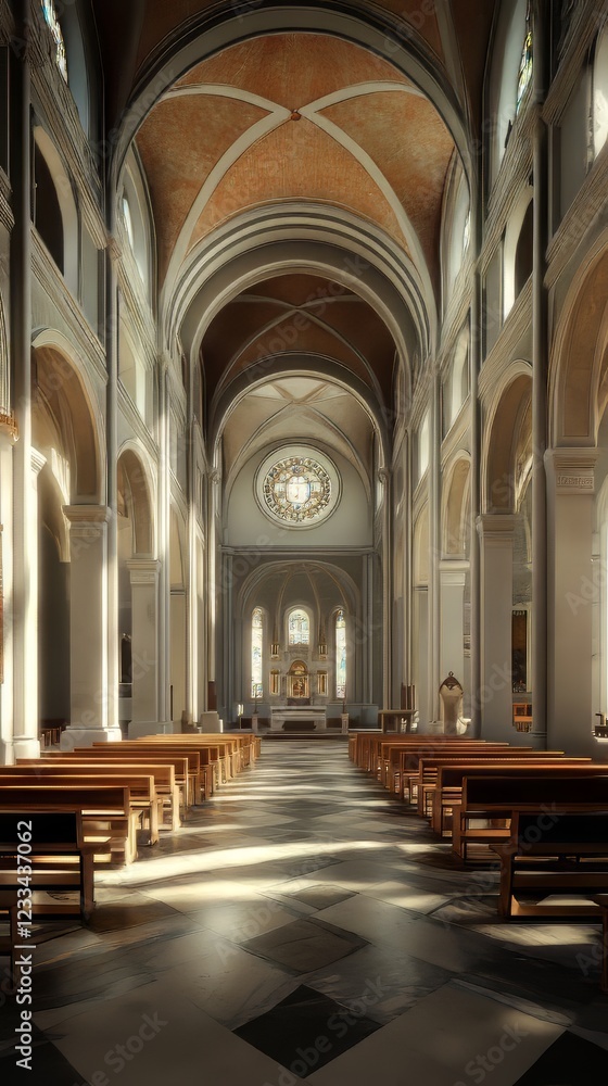 Fototapeta premium Sunlit cathedral interior, peaceful ambiance.