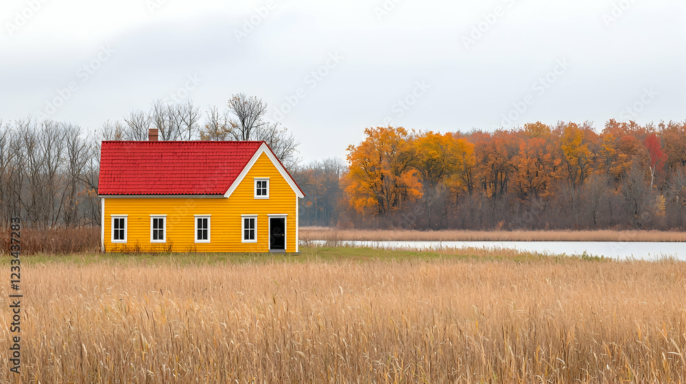 Yellow house, autumn field, lake, woods; rural landscape Yellow house, autumn field, lake, woods; rural landscape
