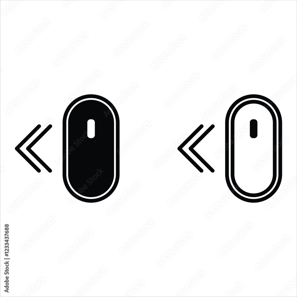 Scroll mouse direction icon set. Scrolling arrow cursor symbol to the left. Computer mouse vector illustration isolated. Scroll mouse direction icon set. Scrolling arrow cursor symbol to the left. Computer mouse vector illustration isolated.