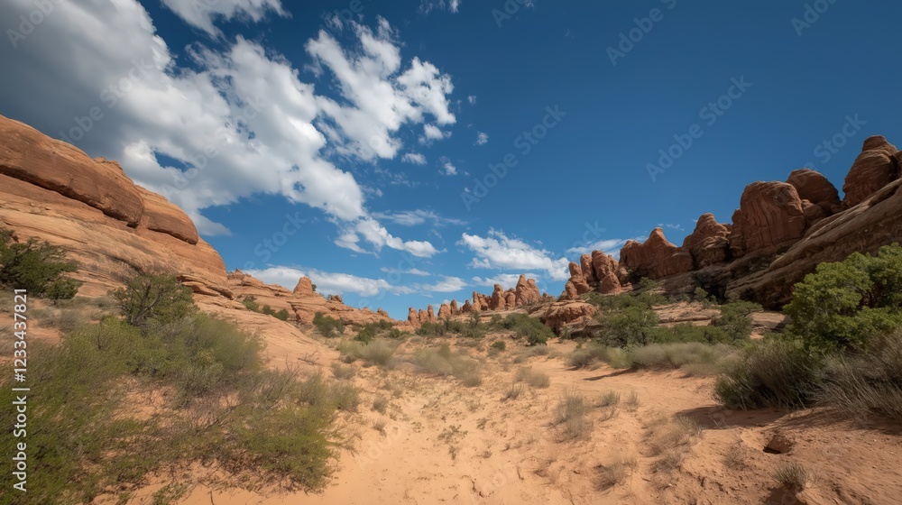 Arid Landscape With Red Rock Formations Under Blue Sky Arid Landscape With Red Rock Formations Under Blue Sky