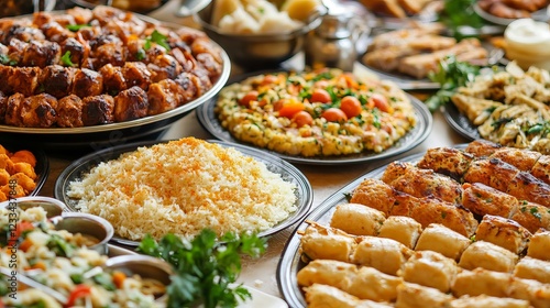 Traditional iftar meal spread with delicious dishes on the table during ramadan photo