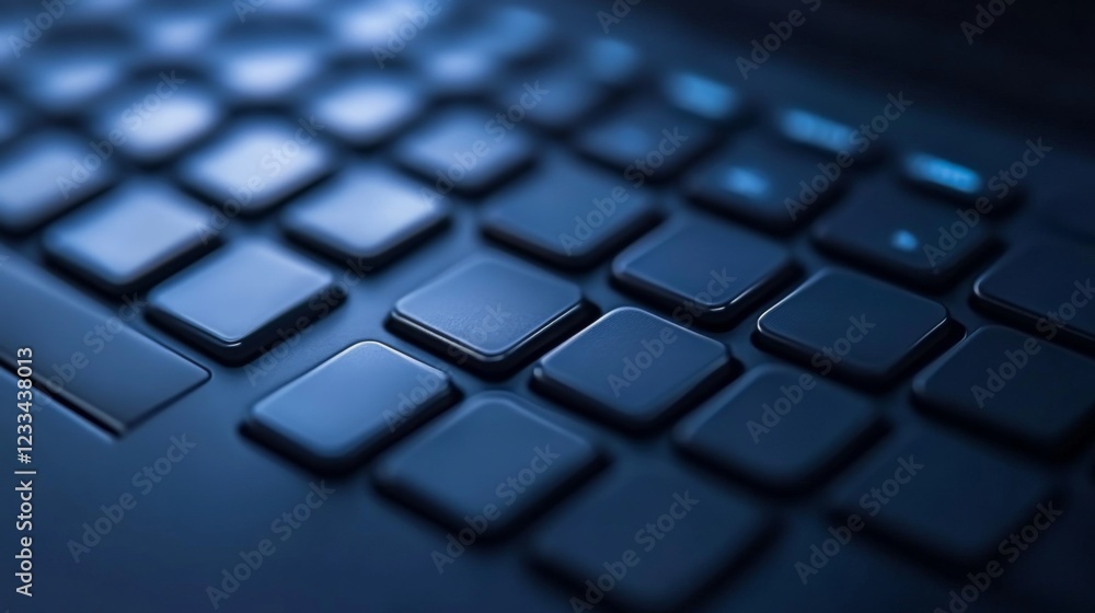 Close-up of a dark laptop keyboard highlighting the keys and subtle reflections, ideal for tech-related content Close-up of a dark laptop keyboard highlighting the keys and subtle reflections, ideal for tech-related content