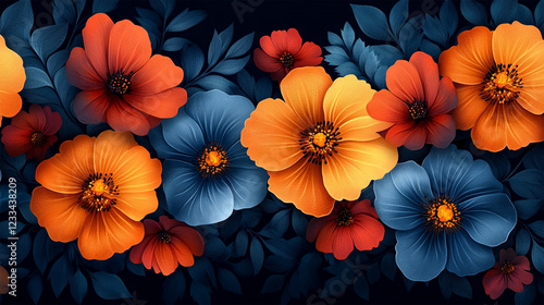 Wallpaper Mural Colorful flowers are displayed.A close up of a flower with the word ,Vibrant orange flowers with lush blue leaves in artistic layout. Torontodigital.ca