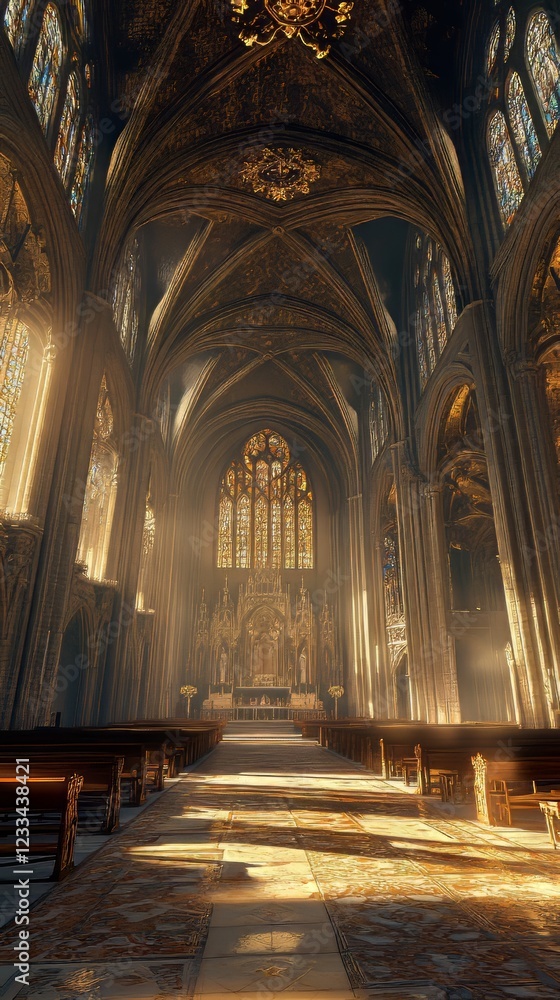 Fototapeta premium Sunlit Gothic Cathedral Interior