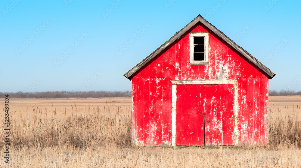 Rustic red barn in a field, clear sky, winter landscape, rural scene Rustic red barn in a field, clear sky, winter landscape, rural scene