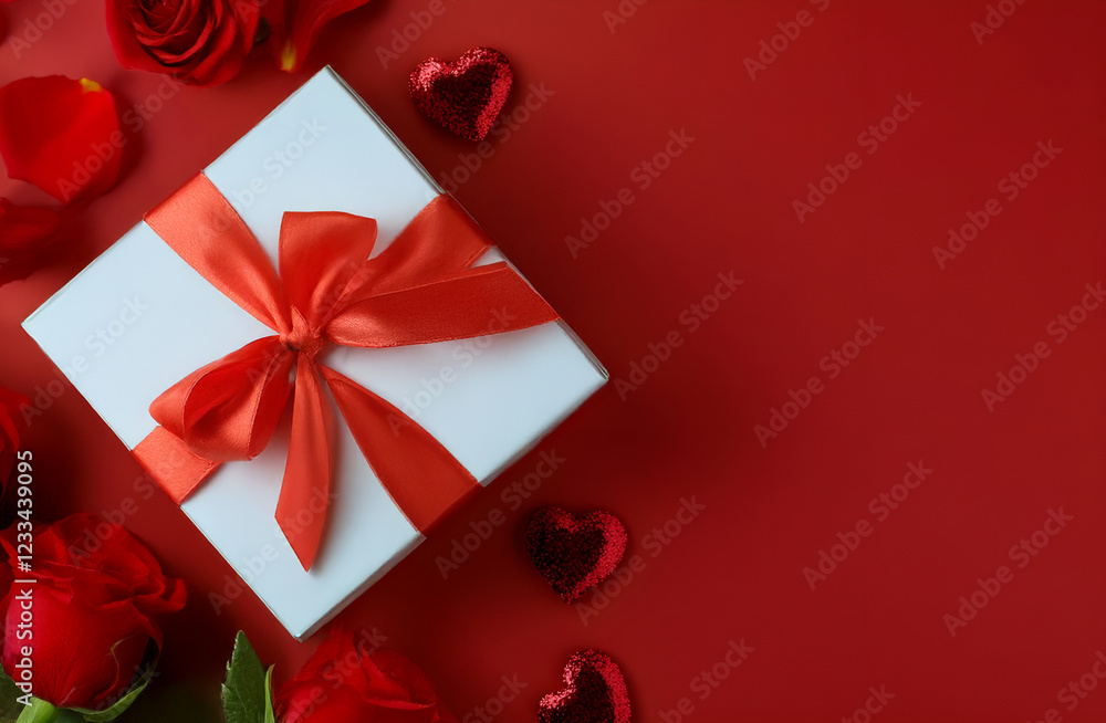 gift box with ribbon and rose on red background.for Valentine's Day.Valentines elements, with copy space. gift box with ribbon and rose on red background.for Valentine's Day.Valentines elements, with copy space.