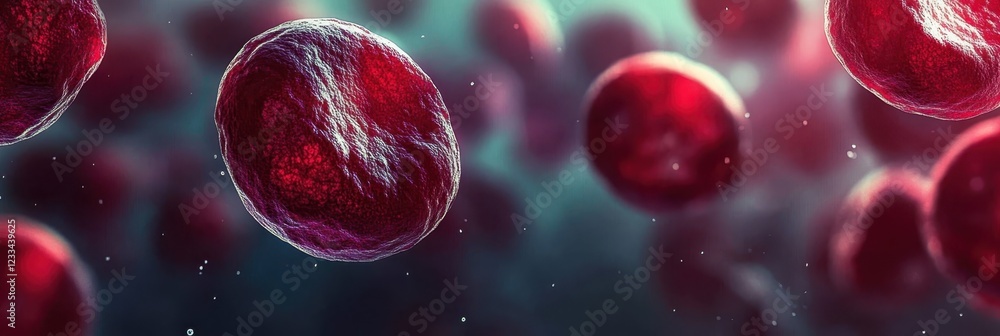 Naklejka premium microscopic view, red blood cells, circulatory system, cellular biology, scientific illustration, vibrant colors, metallic sheen, floating spheres, medical imagery, detailed textures, high magnificati
