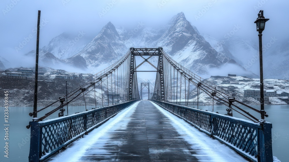 Obraz premium Snowy Mountain Bridge Winter Landscape