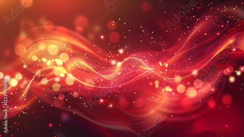 Abstract flowing waves with glowing particles in warm colors.