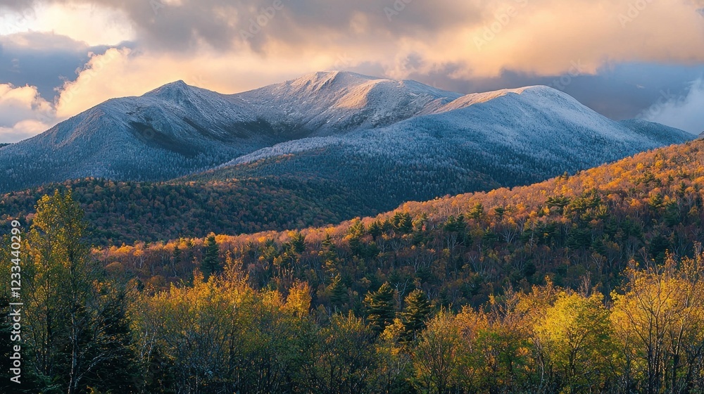 Fototapeta premium Snowy mountain peaks at sunset, autumn foliage.
