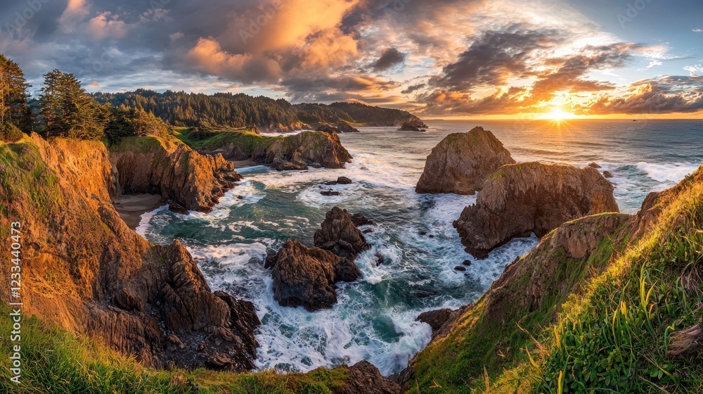 Dramatic sunset over ocean cove with rocky cliffs and crashing waves. Dramatic sunset over ocean cove with rocky cliffs and crashing waves.