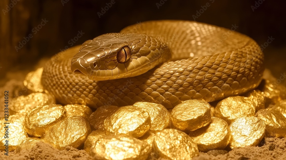 Obraz premium Golden Serpent Coiled on Pile of Gold Nuggets