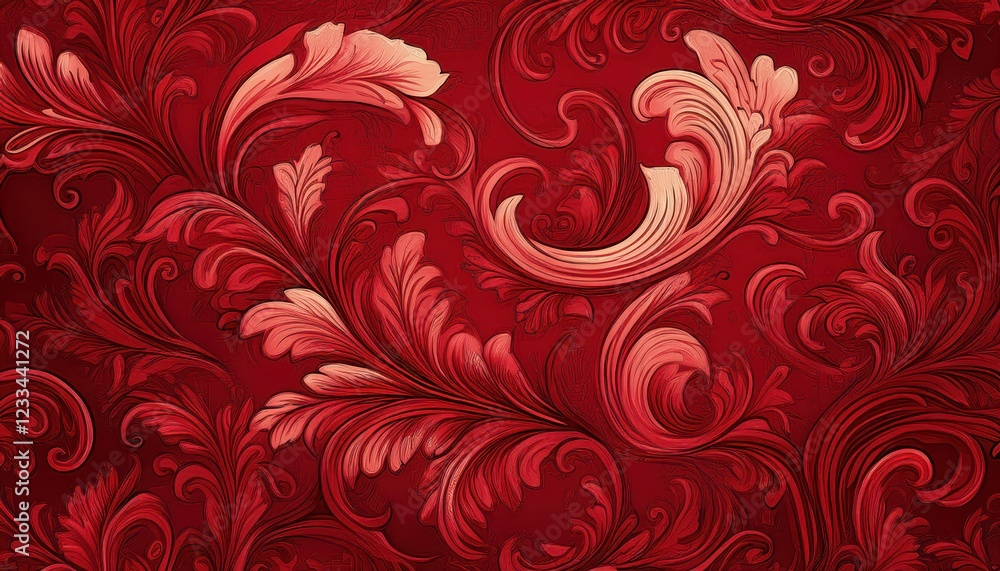 Striking Red Damask Pattern Background Vibrant Detail and Intricate Texture Against a Rich, Deep Red Hue Striking Red Damask Pattern Background Vibrant Detail and Intricate Texture Against a Rich, Deep Red Hue