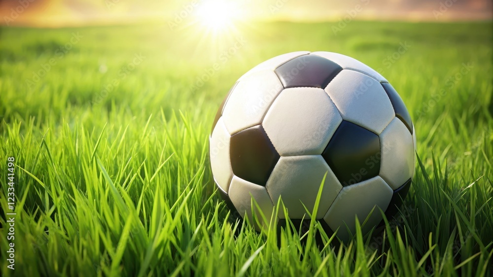 Obraz premium A traditional soccer ball lies on a lush green grass field with a few blades of grass surrounding it, creating a natural and organic composition, sports equipment, natural surroundings