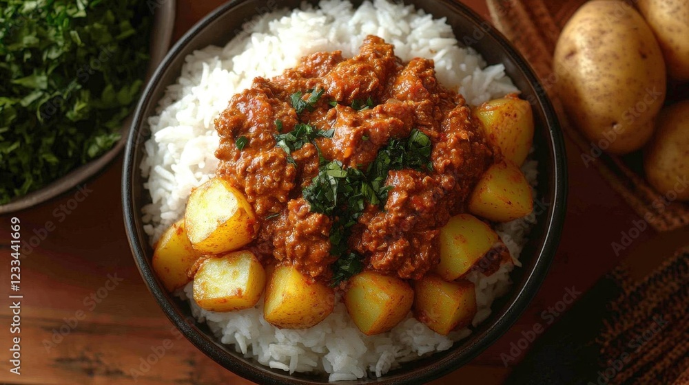 Hearty Beef and Potato Curry with Rice: A Warm and Savory Meal