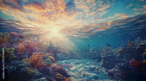 Wallpaper Mural Vibrant coral reef sunset underwater scene, ocean landscape, marine life, nature beauty, travel postcard Torontodigital.ca