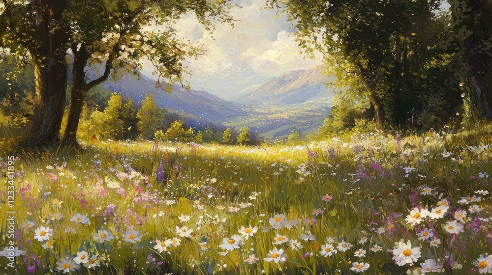 Obraz premium Sunny meadow with wildflowers and mountain view.