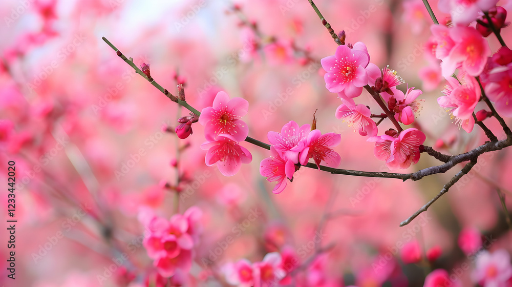 A close-up of pink cherry blossoms on branches, creating a serene and vibrant atmosphere. A close-up of pink cherry blossoms on branches, creating a serene and vibrant atmosphere.