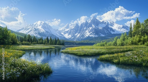 Serene mountain lake reflecting snow-capped peaks and wildflowers.