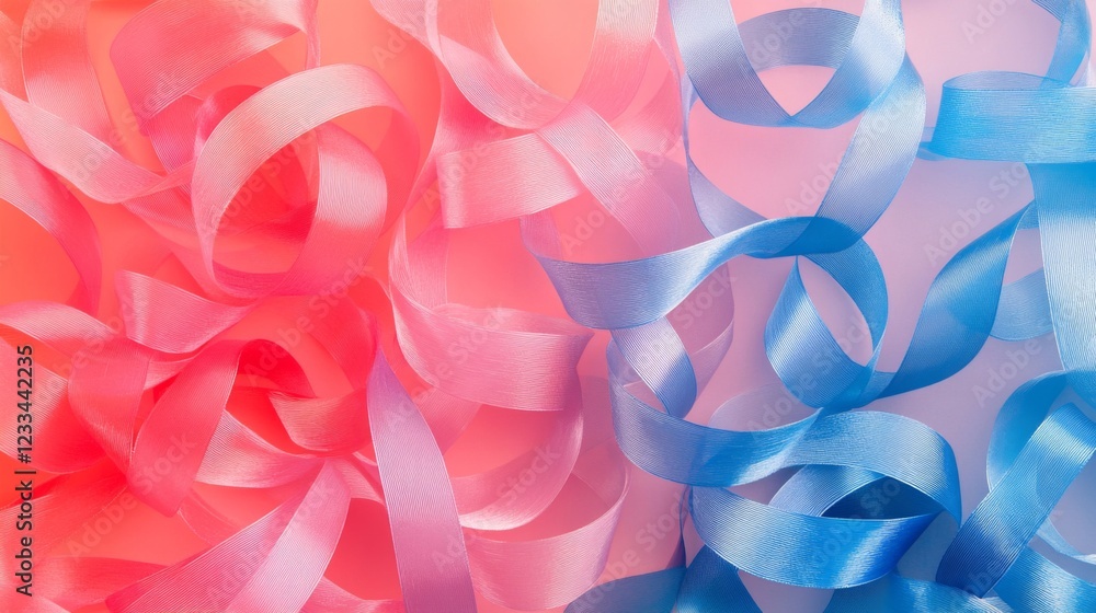 Pink and blue ribbons intertwine creating abstract art