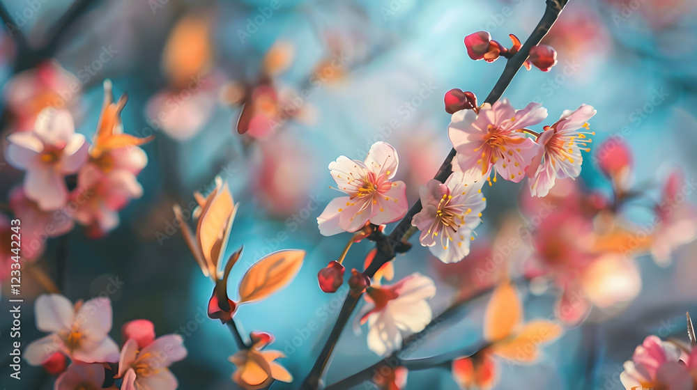 A close-up of blooming cherry blossoms on a branch, showcasing delicate petals and buds. A close-up of blooming cherry blossoms on a branch, showcasing delicate petals and buds.