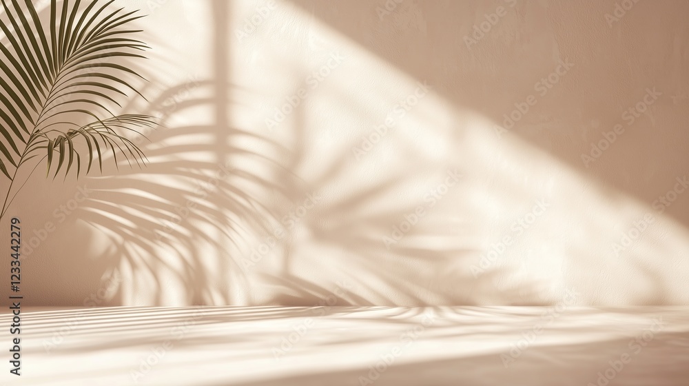 Obraz premium Empty Room with Tropical Palm Leaf Shadows on Wall, Minimalist Interior Background for Product Placement