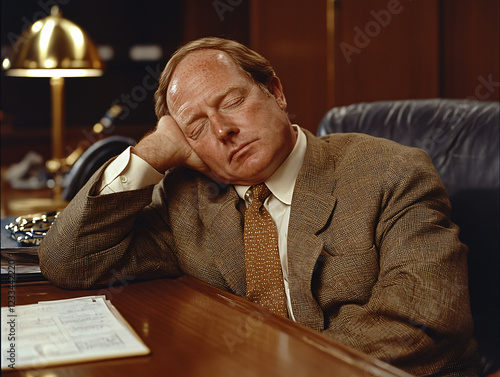 Tired middle aged businessman resting head hand cluttered desk office fatigue stress burnout overworked corporate work stress weary mature thinking serious workplace frustration long hours work job