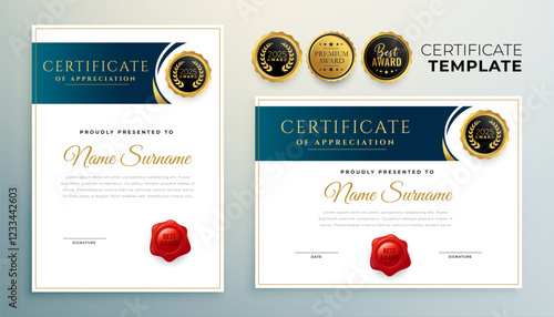 set of appreciation document template with golden seal design