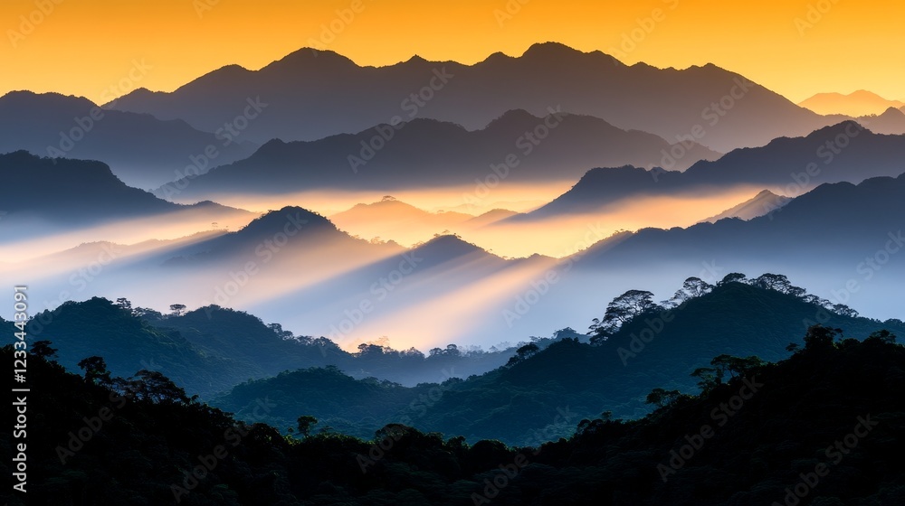 Golden Sunrise Rays Illuminate Misty Mountain Ranges Golden Sunrise Rays Illuminate Misty Mountain Ranges