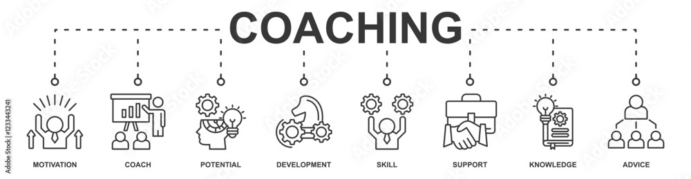 Coaching banner web icon vector illustration concept with icon of motivation, coach, potential, development, support, knowledge, advice, skill Coaching banner web icon vector illustration concept with icon of motivation, coach, potential, development, support, knowledge, advice, skill