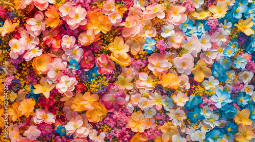 A vibrant arrangement of colorful artificial flowers creating a cheerful and decorative backdrop.
