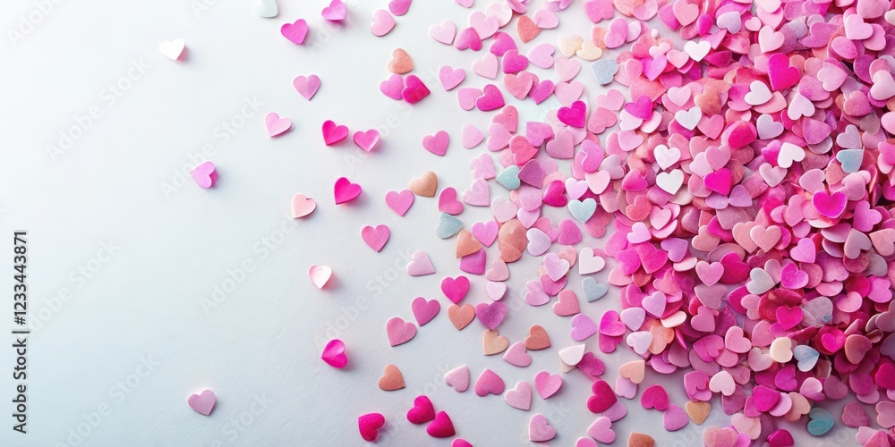 Colorful pink heart-shaped confetti scattered on a white background with a subtle texture overlay, creating a festive atmosphere, party decoration, textures, pink hearts Colorful pink heart-shaped confetti scattered on a white background with a subtle texture overlay, creating a festive atmosphere, party decoration, textures, pink hearts