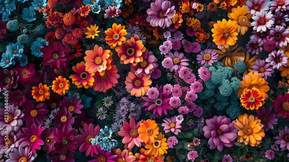 A vibrant arrangement of colorful flowers in various shapes and sizes. A vibrant arrangement of colorful flowers in various shapes and sizes.